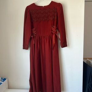 Vintage 1980's Bead Embroidered Wool Blend Midi Rust Orange Red Dress 2